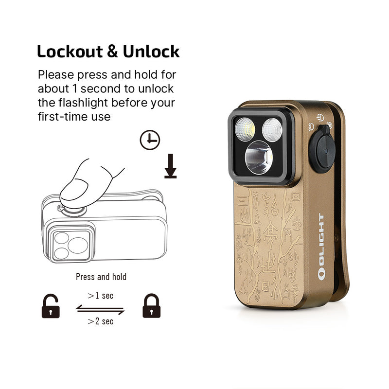 Olight Oclip Pro Ancient Script – 500 Lumen USB-C Rechargeable Clip-On Flashlight (Flood, Spot & Red)