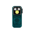 Olight Oclip Pro S Sunken Artifact front view – weathered teal body with compass and anchor engraving, showing white, UV and RGB emitters
