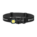 Olight Perun 2 Mini Black mounted on its headband – 1,100 lumen right-angle headlamp