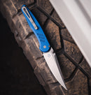 Pro-Tech Avalon Peace Neighbor PN1101-BW-Blue blade detail – stonewash CPM MagnaCut drop point