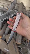 North Mountain Blade Japanese Style Folding Knife 3.5in SLD-Magic Steel Silver Carbon Fiber + Red G10 Handle