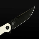Reate Remedy FatCarbon Glass White DLC blade detail – belt satin DLC Elmax drop point