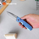 REMETTE Rhino RNTB3 – 3.07" M390 Drop Point Button + Liner Lock Knife Crystallized Titanium