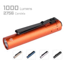 Acebeam Rider RX 2.0 Orange side profile view with stainless steel 2-way pocket clip