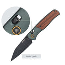 SRM Medal 259L-AG Folding Knife – 3.18" 14C28N Reverse Tanto, Green Aluminum & Rosewood, Ambi Lock