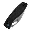 Black handle with textured grip and blue accents on lock mechanism