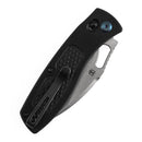 Black handle with textured grip, pocket clip, and blue accents on lock mechanism