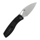 Open folding knife with black handle and silver leaf-shaped blade