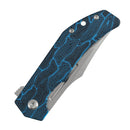 Side view of blue patterned handle and blade of folding knife