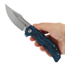 Blue Topo G-mascus handle pocket knife in hand showing blade