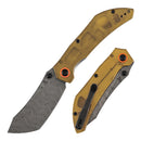 Tenable Tipper B1079A5 – 3.39" Damascus Cleaver Folding Knife, Amber PEI/Ultem Handle, Edgy Bladeworks Design