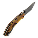 Tenable Tipper B1079A5 – 3.39" Damascus Cleaver Folding Knife, Amber PEI/Ultem Handle, Edgy Bladeworks Design