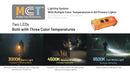 Nitecore TIP3 MCT color temperature modes - 3000K warm, 4500K neutral white, 6500K cool white