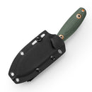 Hand holding fixed blade knife with green handle and sheath
