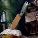 Fixed blade camping knife with green handle and tan blade