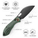 Close-up of TRIVISA Batwing-GM JM10L-GM-14 with green handle, ceramic ball bearing, and pocket clip