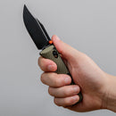 Vosteed Vombat Crossbar Lock Knife 2.92" M390 Black Stonewash Bowie Blade Olive Green Aluminum A4102