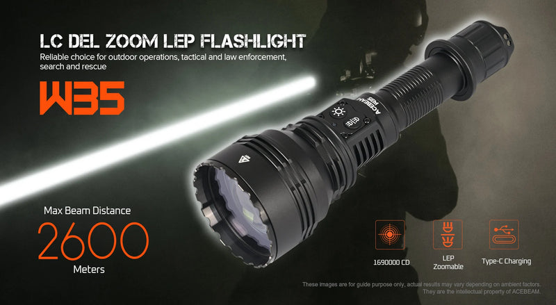 Acebeam W35 Zoom LEP USB-C Rechargeable Flashlight LC DEL Lens 2600 Meters of Beam Distance