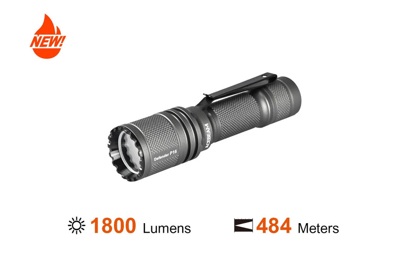 Acebeam Defender P16 GRAY Dual Tail Switch Tactical Flashlight 1,800 Lumens USB-C Rechargeable 18650 Battery