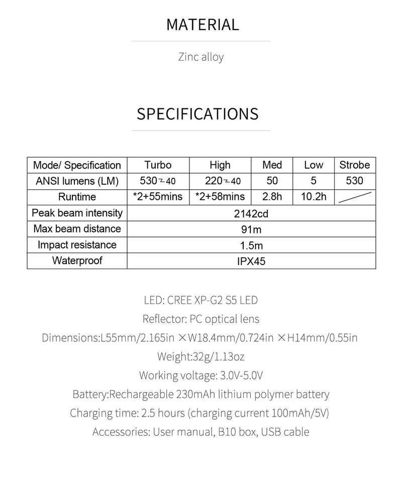 MecArmy SGN1 530 Lumen Rechargeable EDC Flashlight XP-G2 S5 LED