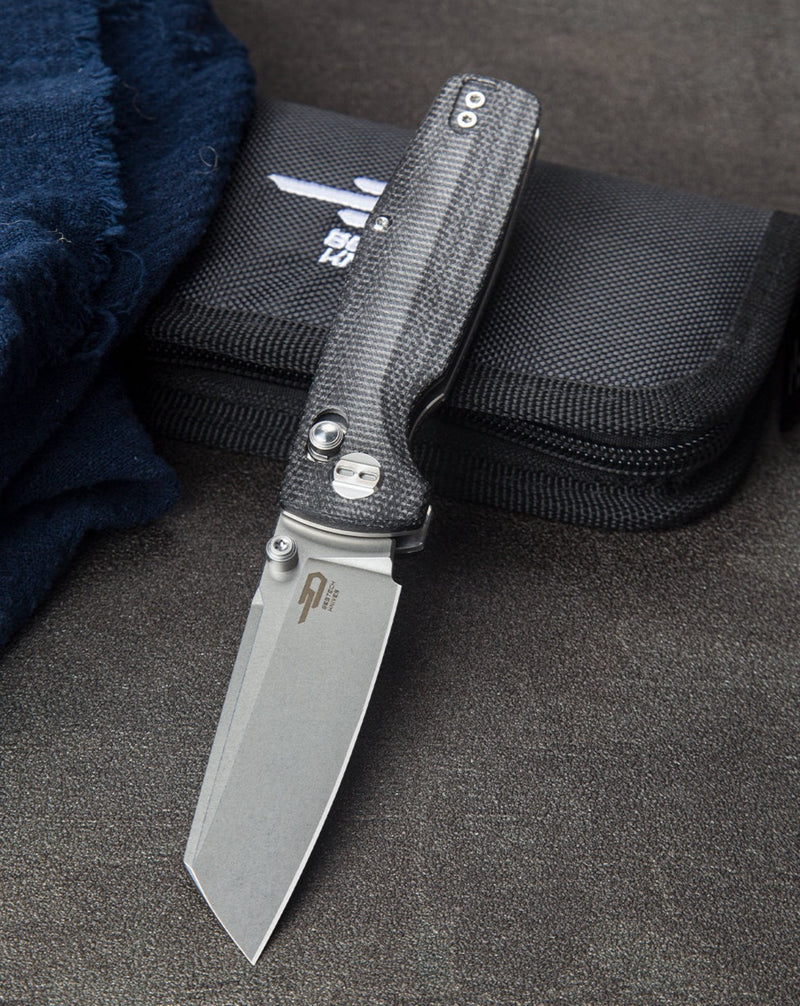 Bestech Slasher Folding Knife 2.88in D2 Steel Blade Black Canvas Micarta Handle - BG43A-1
