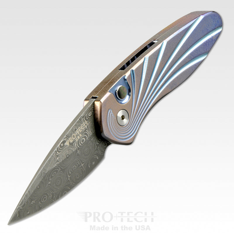 Pro-Tech Knives 2951-S Custom Titanium Limited Edition Sprint Folding Knife 2in Vegas Forge Spirograph Stainless Steel Blade 3D Wave Pattern Handle