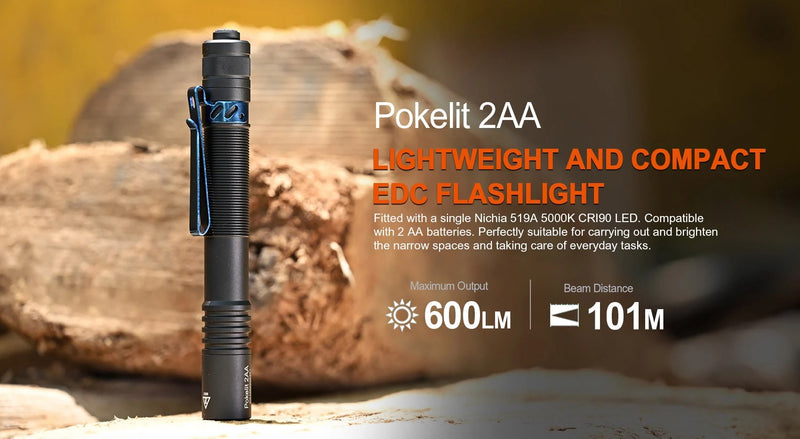 Acebeam Pokelit 2*AA 600 Lumen EDC Flashlight Nichia 519A 5000K CRI90 LED - Black