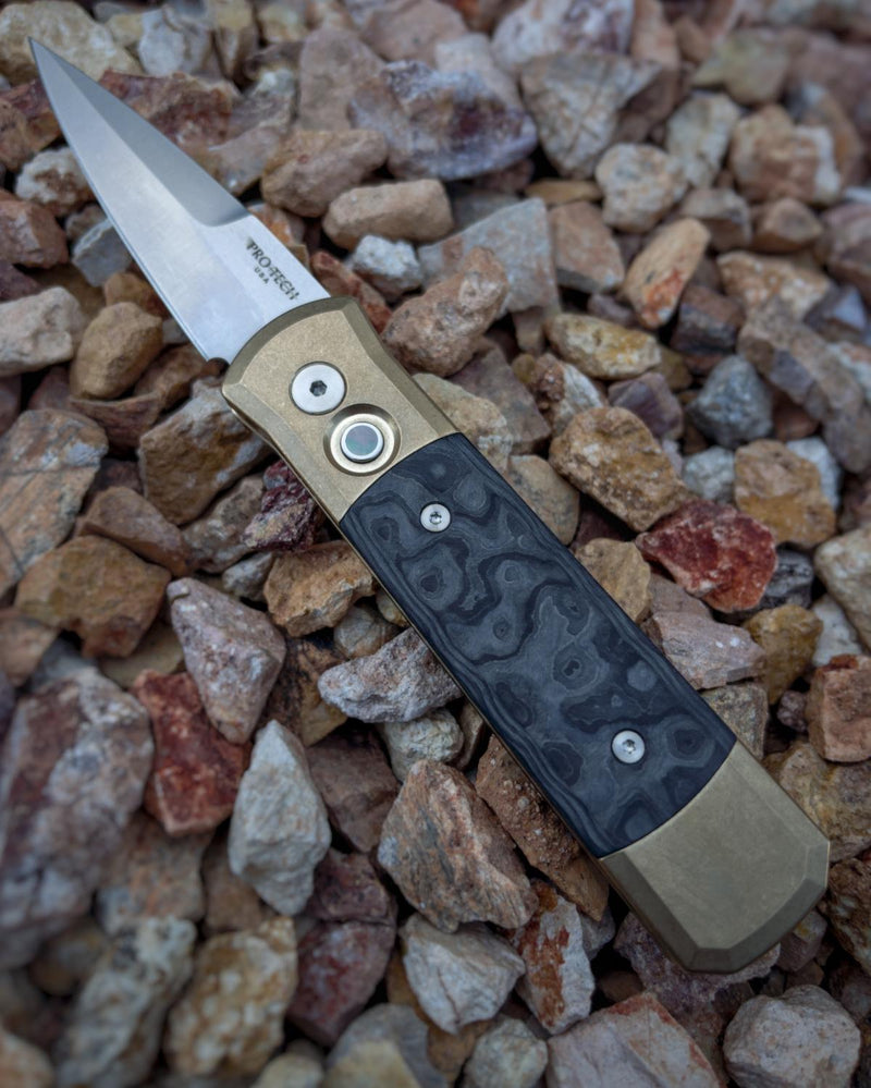 Pro-Tech Godson Folding Knife BronzeAL / FatCarbon Inlay Handles 3.15in 154cm Steel Blade - 7114-Blk Camo