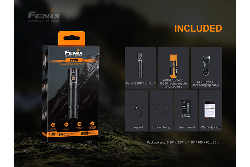 Fenix E28R 1500 Lumen USB-C Rechargeable Compact Flashlight 1*18650 Battery Included