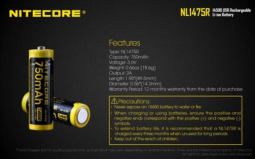 NITECORE NL1475R 750mAh USB Rechargeable 14500 Battery
