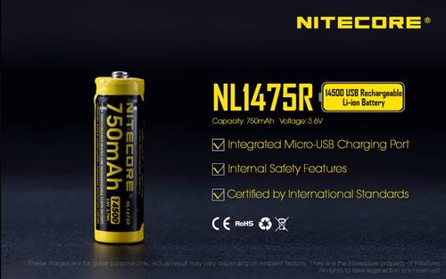 NITECORE NL1475R 750mAh USB Rechargeable 14500 Battery