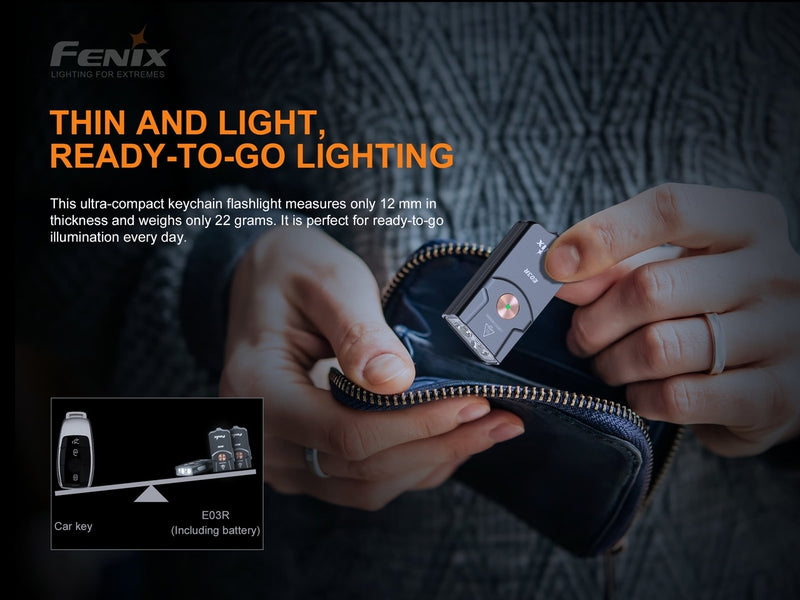 Fenix E03R 260 Lumen Type-C Rechargeable Keychain Flashlight MATCH CA18 LED w/ Red Light