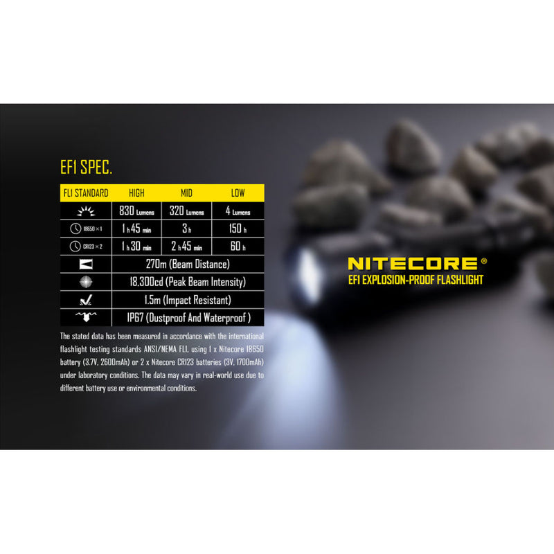 Nitecore EF1 Explosion Proof 1x 18650 / 2x CR123 830 Lumens CREE XM-L2 U3 LED Flashlight