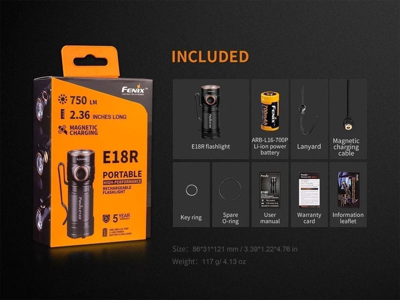 Fenix E18R 750 Lumen Ultra-Compact High Perfomance Rechargeable EDC Flashlight