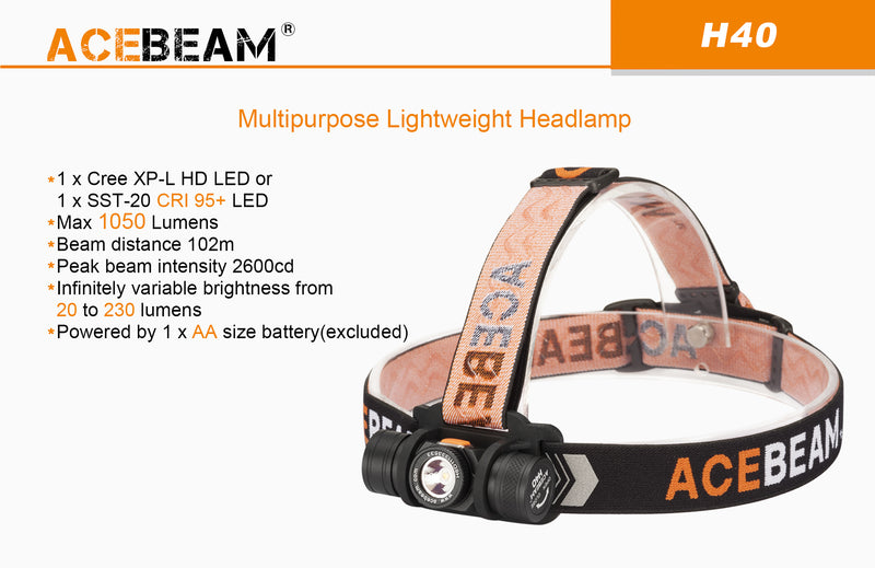 Acebeam H40 1050 Lumen Lightweight Headlamp - CREE XP-L LED