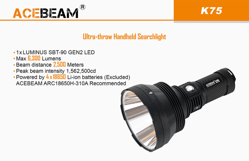 Acebeam K75 6300 Lumen Flashlight - 1xLUMINUS SBT-90-GEN2 LED 4*18650 Batteries Preinstalled