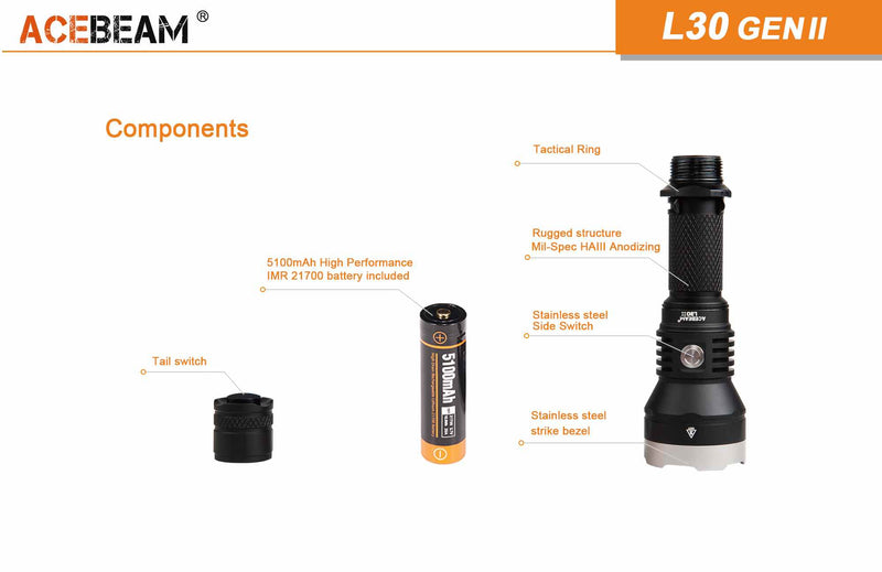 Acebeam L30 4,000 lumen Gen II 6000k Rechargeable Flashlight 1 x 21700 Battery