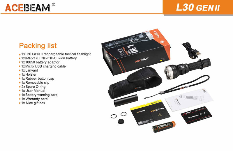 Acebeam L30 4,000 lumen Gen II 6000k Rechargeable Flashlight 1 x 21700 Battery