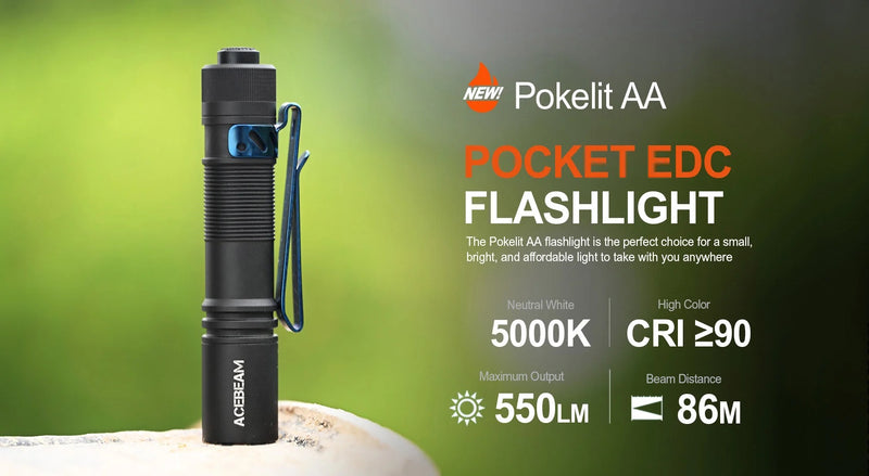 Acebeam Pokelit 550 Lumen AA Battery EDC Flashlight 1 x NICHIA 219F 5000K CRI90 - Black