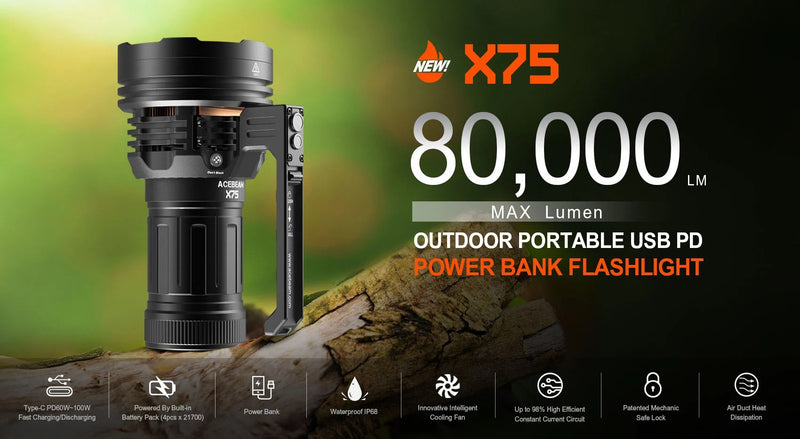 Acebeam X75 80,000 Lumen USB-C Rechargeable Flashlight / Portable Power Bank