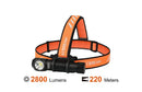 Acebeam H15 2.0 rechargeable headlamp with orange and black strap, displaying 2800 lumens and 220 meters range.