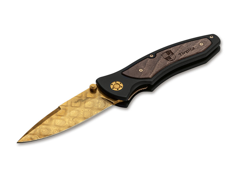 Boker Tirpitz-Damascus 24 Carat Gold Folding Knife 3.9in Damascus Steel Blade