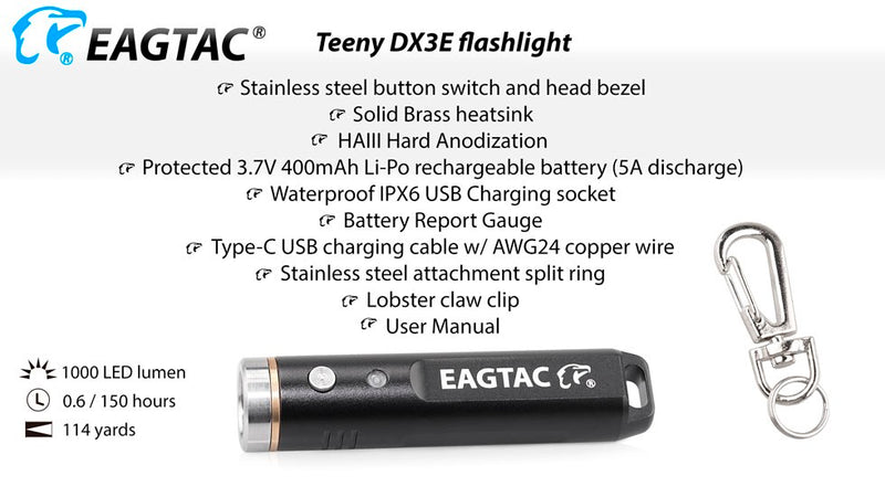 EagTac Teeny DX3E 1000 Lumen Flashlight Built-in 3.7V Li-Po 400mAh Rechargeable Battery