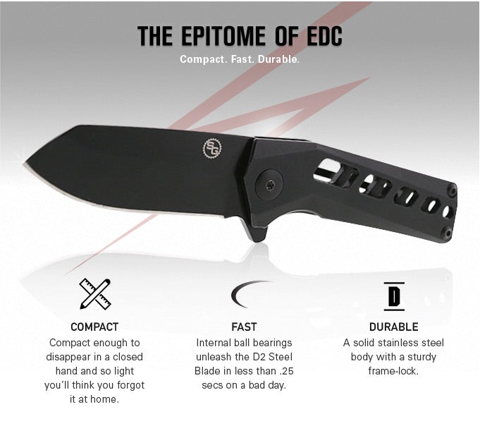 StatGear Slinger EDC Flipper Folding Knife 2in D2 Steel Blade Stainless Steel Handles - Black