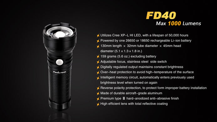 fenix fd40 led flashlight with adjustable focus Fenix FD40 1x 18650 / 1x 26650 1000 Lumens CREE XP-L HI LED Flashlight