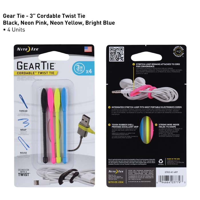 Nite Ize Gear Tie Cordable 3" Assorted Pack