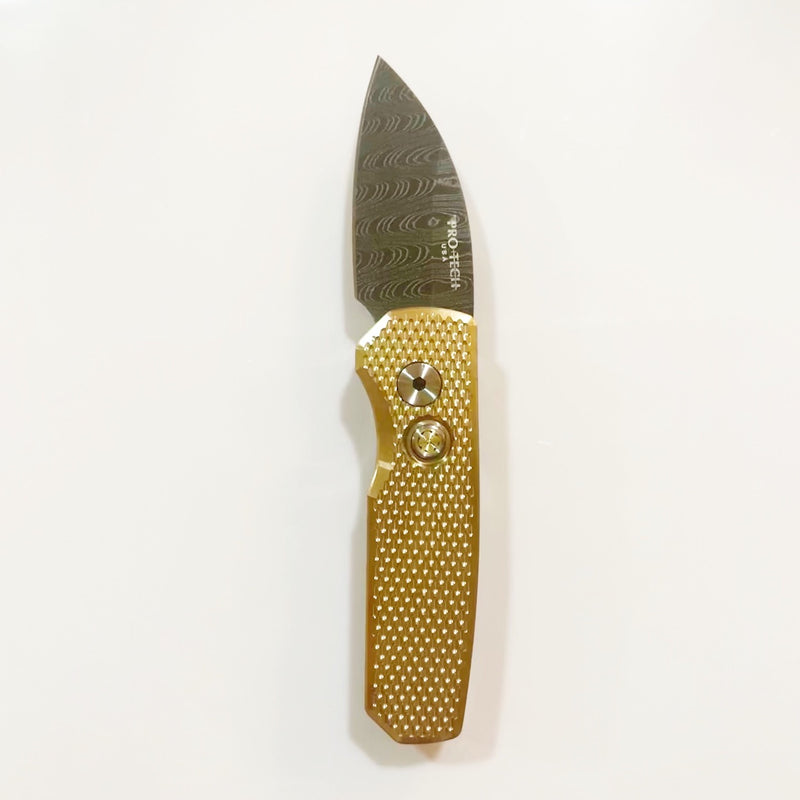 ProTech 5111-D Runt 5 Textured Bronze AL Handle Mosaic Button Chad Nichols Damascus Blade