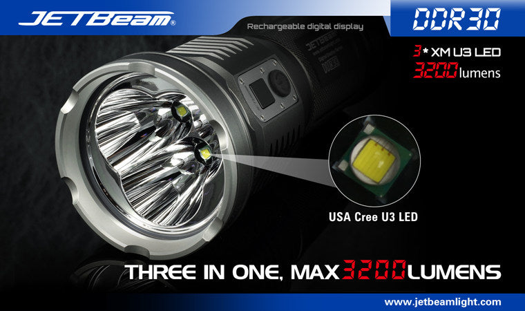 JETBeam DDR30 Digital Display Series 3 x 18650 Triple CREE XM-L2 LED Flashlight 3300 Lumens