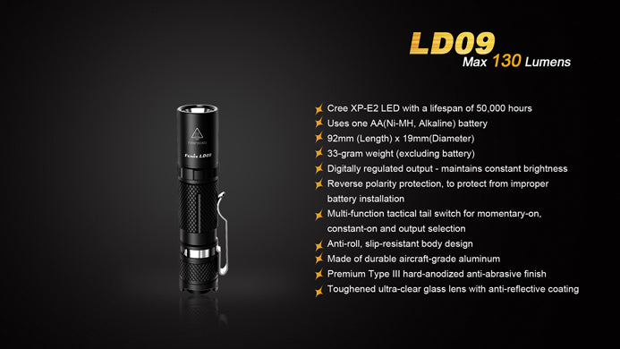 fenix e12 flashlight cree xp-e2 led w battery 130 lumens Fenix LD09 1 x AA CREE XP-E2 130 Lumen LED Flashlight