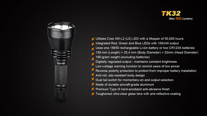 Fenix TK32 2 x CR123 / 1 x 18650 CREE XM-L2 U2 900 Lumen Multi Color LED Flashlight